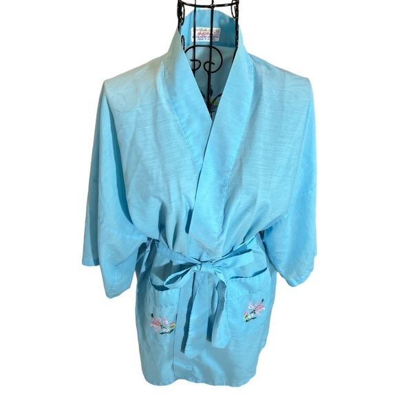 Vintage Hand Embroidered for Jodie Arden Kimono Style Short Robe Blue Size S/M - Picture 4 of 12